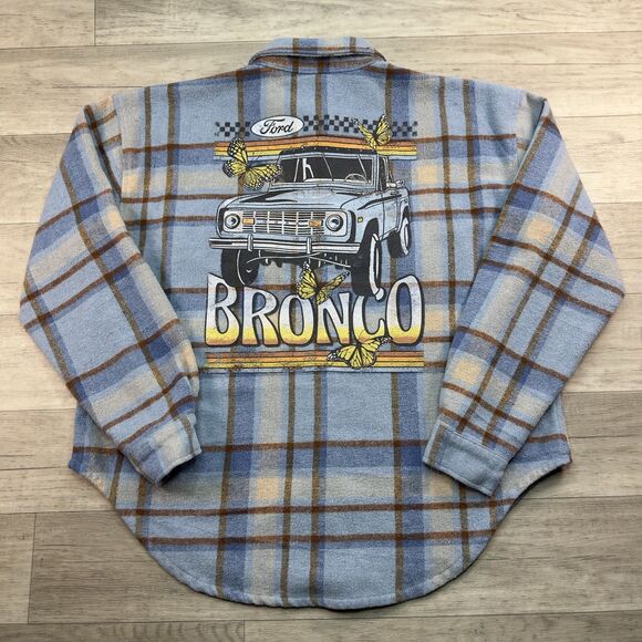 Ford Bronco Plaid Flannel Shirt Oversized Fit Small Blue Orange Check Retro - Picture 1 of 10